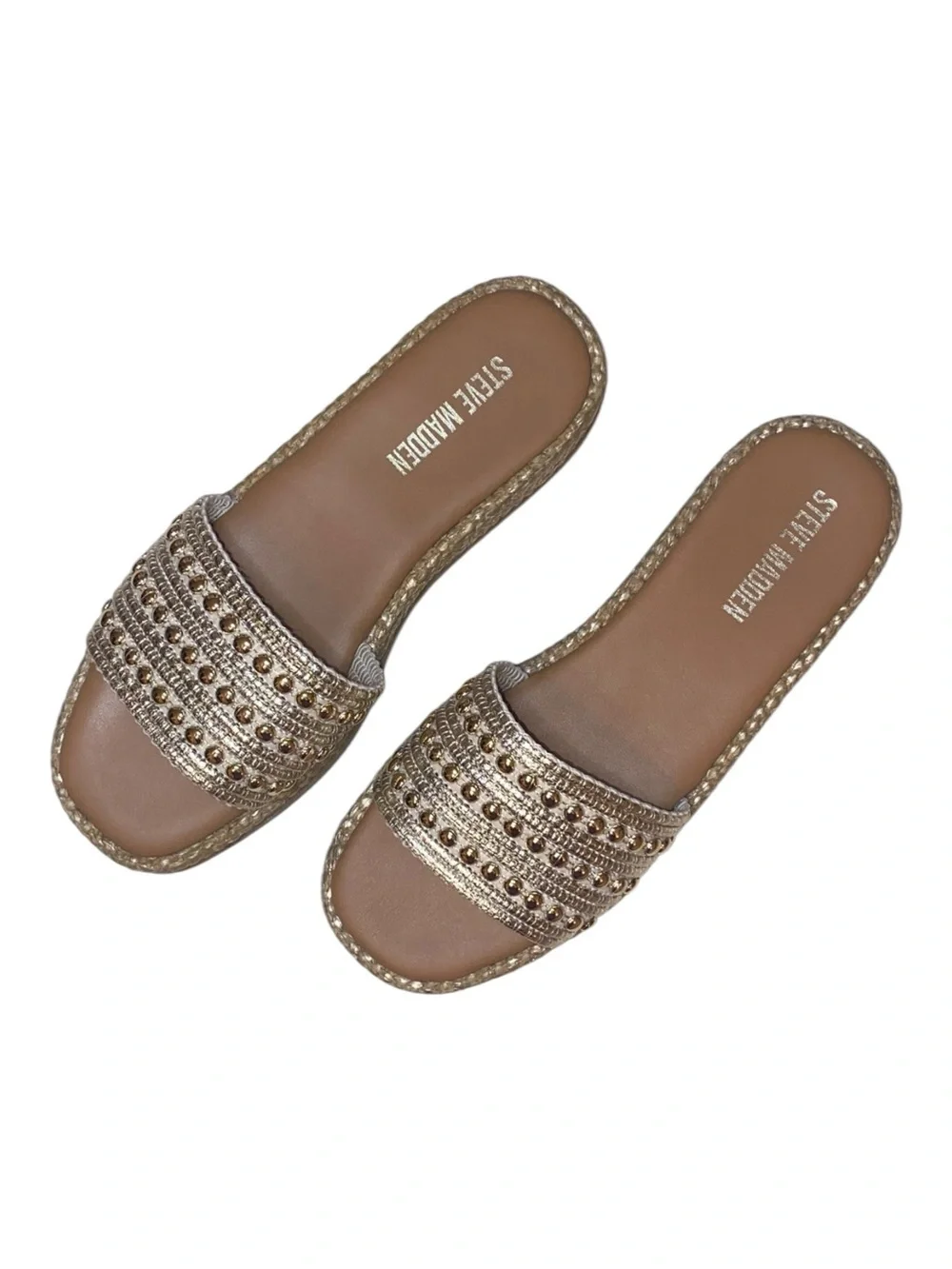 STEVE MADDEN Boardwalk Espadrille Style Sandal Slide Metallic Gold/Tan Size 8M